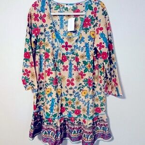 Moda Posa-  brand Multicolor Floral printed Dress
With Pom Pom trim -Size Large